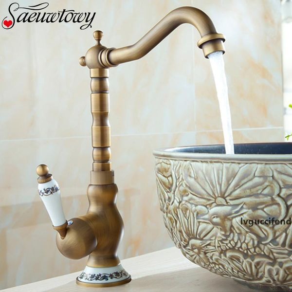 antique brass ceramic handle basin sink faucet antique rotary bathroom kitchen and cold faucet basin tap and kitchen taps t200423